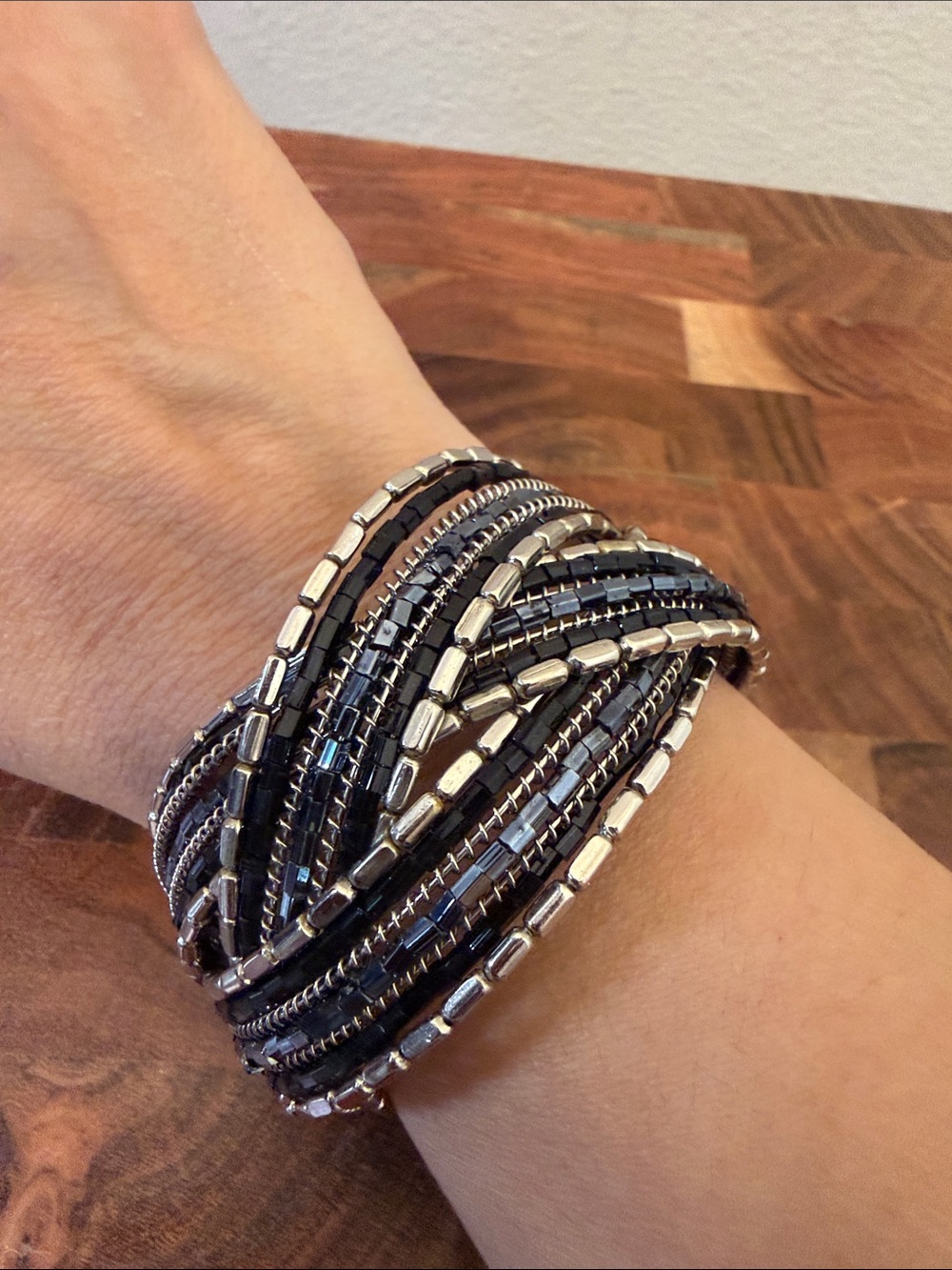 Black & Silver Seed Beaded Cuff Bangle Bracelet